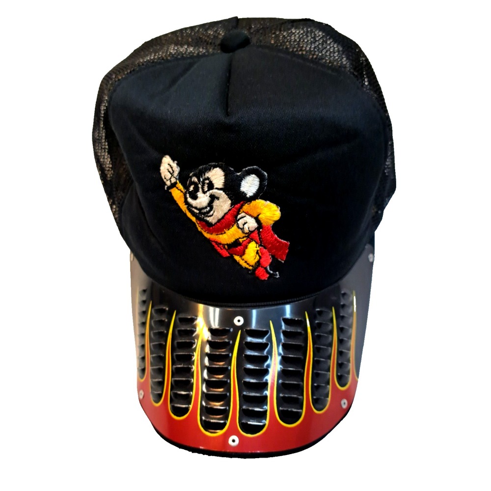 Vintage Mighty Mouse Hat Cap Rigid Bill Embroidered Patch Black Mesh Snapback‎